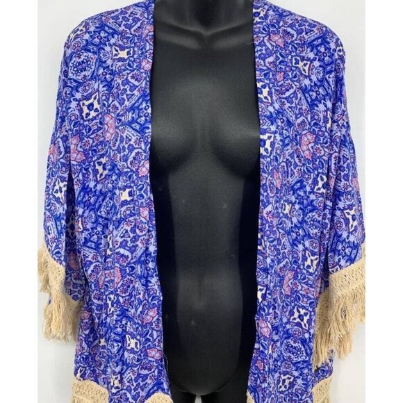 Forever 21 Womens Kimono Cover Up Size Small S Blue Fringe Boho Casual NWT New - Picture 1 of 9